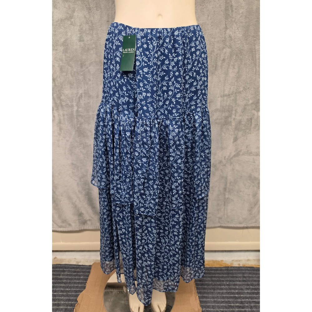 Lauren Ralph Lauren Blue Floral Tiered Maxi Skirt Georgette Size M NEW Prairie
